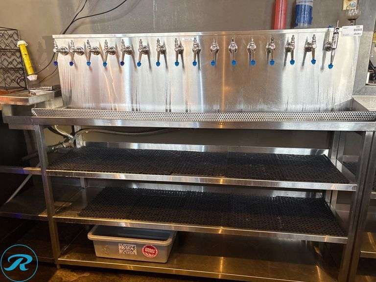 16-Tap Stainless Steel Beer Dispensing Station With Shelving, 140in - Roller Auctions