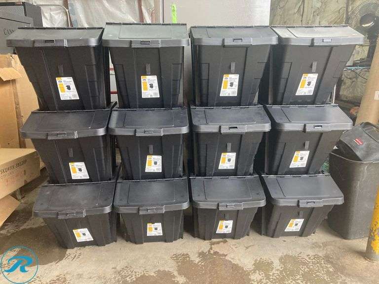 (12) New- Project Source Medium 16-gallon (64 quart) Black/Black Heavy Duty Stackable Tote with Hinged Lid - Roller Auctions