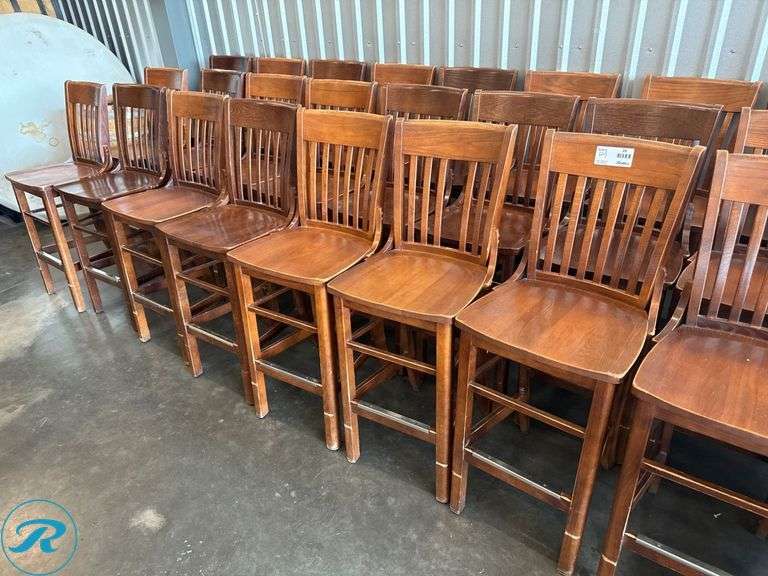 (21) Wood Bar Stools with Slatted Backrests and Brass Footguard - Roller Auctions