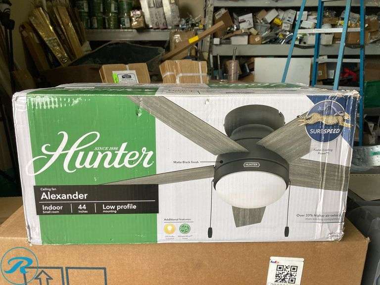(1) New- Hunter Alexander 44-in Flush Mount Matte Black with Dark Gray Oak Blades Ceiling Fan With Light ( 5 -Blade ) (total of 1 fan) - Roller Auctions