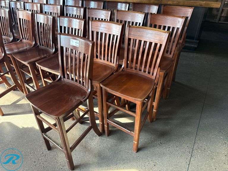 (10) Wood Bar Stools with Slatted Backrests and Brass Footguard - Roller Auctions