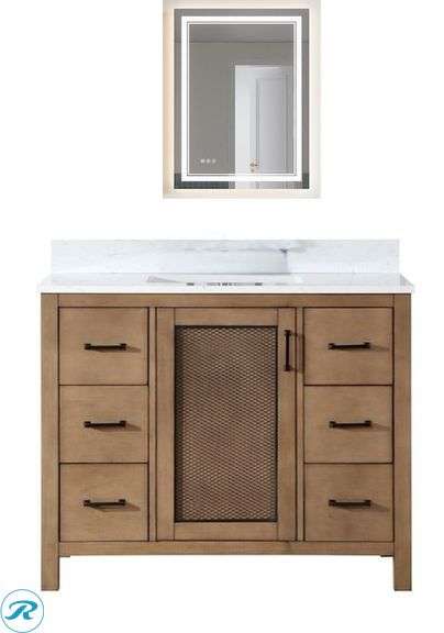 (3) New- out of box- (1) Altair Hadiya 42-in Brown Pine Undermount Single Sink Bathroom Vanity with Aosta White Engineered Marble Top (1) Bestview 43-in x 22-in Carrara White Quartz Undermount Single Sink Widespread Faucet Mount Bathroom Vanity Top (1) WELLFOR EX 24-in x 32-in Polished Frameless Rectangle Dimmable Lighted Fog Free Bathroom Vanity Mirror ( Silver ) (3 items total) See photos