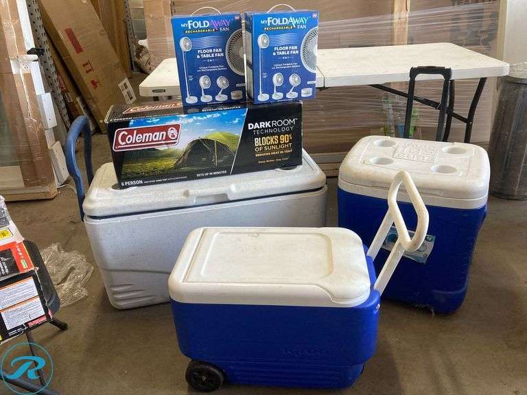 (6) Former Airbnb - (1) Coleman tent 6-darken room with screen (2) rechargeable fan (2-n-1 Flor fan and table fan stands ups to 40" (3) Cooler for camping - Roller Auctions