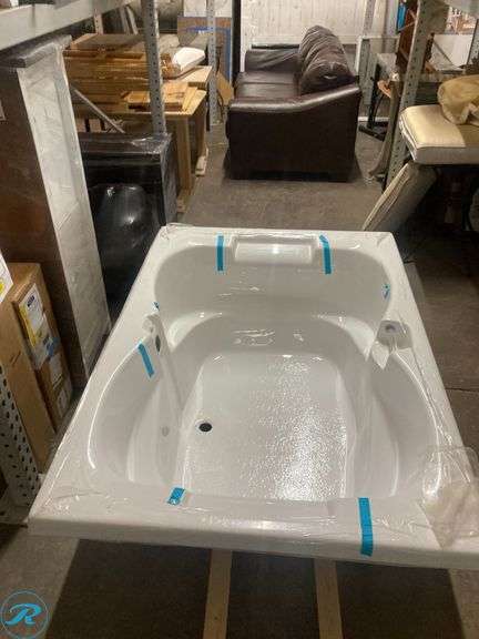 (1) New- Laurel Mountain Seneca lV 42.0-in x 60.0-in White Acrylic Hourglass Alcove Soaking Bathtub ( Back center Drain )(side pillows not included) - Roller Auctions