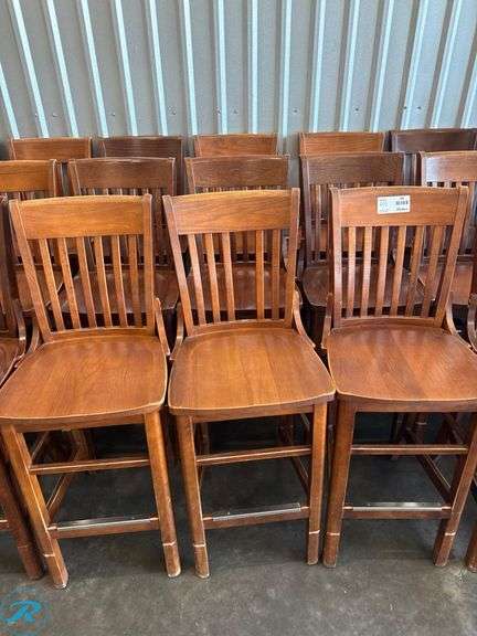 (21) Wood Bar Stools with Slatted Backrests and Brass Footguard - Roller Auctions