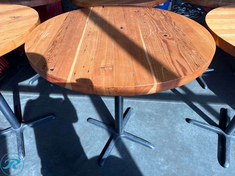 (3) Round Wood Bar Height Tables with Metal Bases, 42in - Roller Auctions