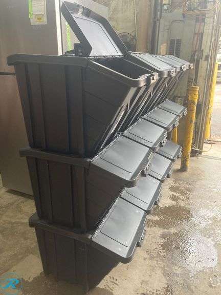 (12) New- Project Source Medium 16-gallon (64 quart) Black/Black Heavy Duty Stackable Tote with Hinged Lid - Roller Auctions