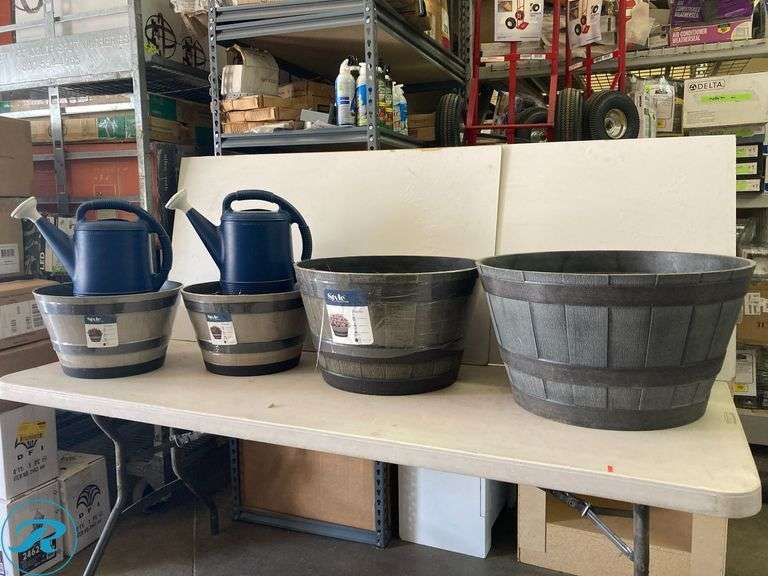 (6) New- Assorted Garden Set (4) Planters Different Sizes (2) 2-gallon blue/mate plastic watering cans (total of 6 items See Photos) - Roller Auctions