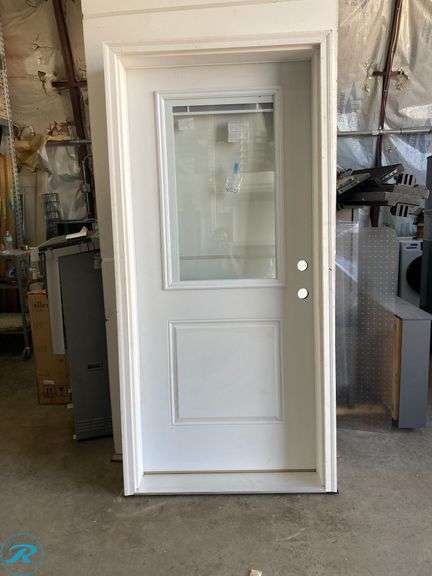 (1) New- RELIABILT 36-in x 80-in x 6-9/16-in Steel Half lite Left-hand inswing Primed Prehung Front Door with Brickmould Insulating core with Blinds (total of 1) - Roller Auctions