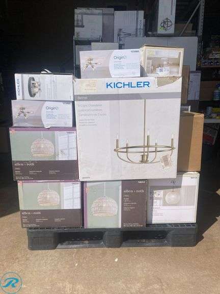 (35) -New - Assorted Pallet of different designer lamps, chandeliers and flush mount (Retail of $3957) See Photos for item list) - Roller Auctions