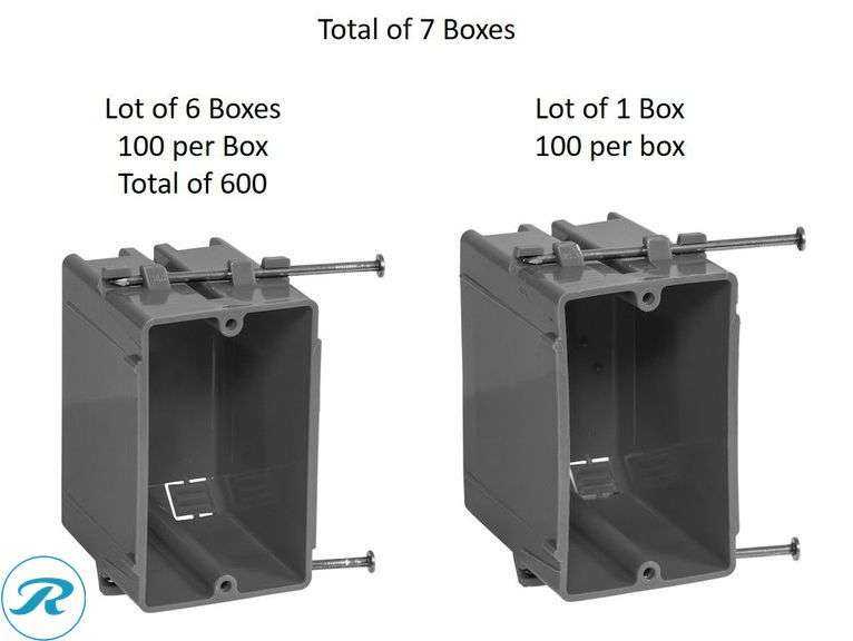 (7 Boxes) New- (6 Boxes) Gardner Bender 1 -Gang PVC New work Switch/Outlet Electrical Box (100 per box/600 total) (1) Gardner Bender 1 -Gang PVC New work Switch/Outlet Electrical Box (100 per box/1 box) (total of 700 items) - Roller Auctions