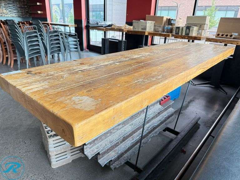 Custom Built Wood Bar Height Table with Steel Rail Road I-Beam Base, 30” x 96” 3.5”  (Table is Extremely Heavy)