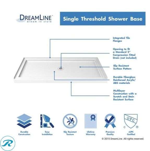 (1) New- DreamLine SlimLine 30-in W x 60-in L Center White Single Threshold Rectangle Shower Pan Base with 2.75-in H Threshold - Roller Auctions