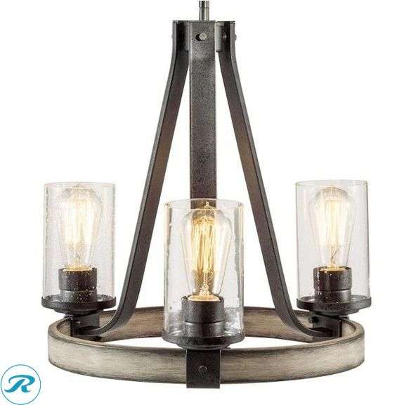 (2) New- Kichler Barrington 3 -Light Distressed Gray Rustic For Use in Bedrooms, Dining Rooms, Foyers, Kitchens, Living Rooms Chandelier - Roller Auctions