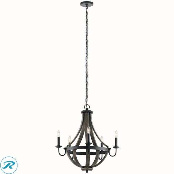 (1) New-Kichler Merlot 5 -Light Distressed Black Farmhouse For Use in Bedrooms, Dining Rooms, Foyers, Kitchens, Living Rooms Chandelier - Roller Auctions