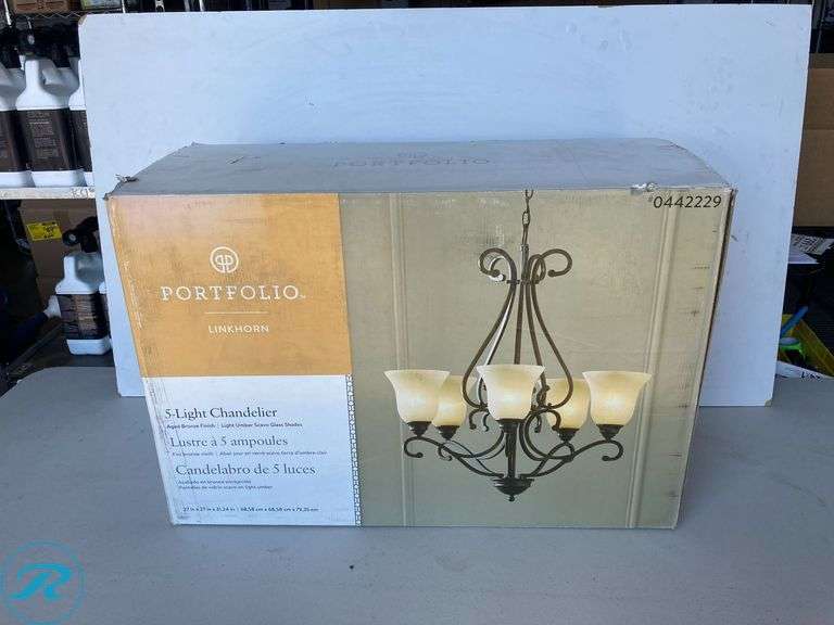 (1) New- Portfolio Linkhorn 5-Light Iron Stone Vintage Dry rated Chandelier - Roller Auctions
