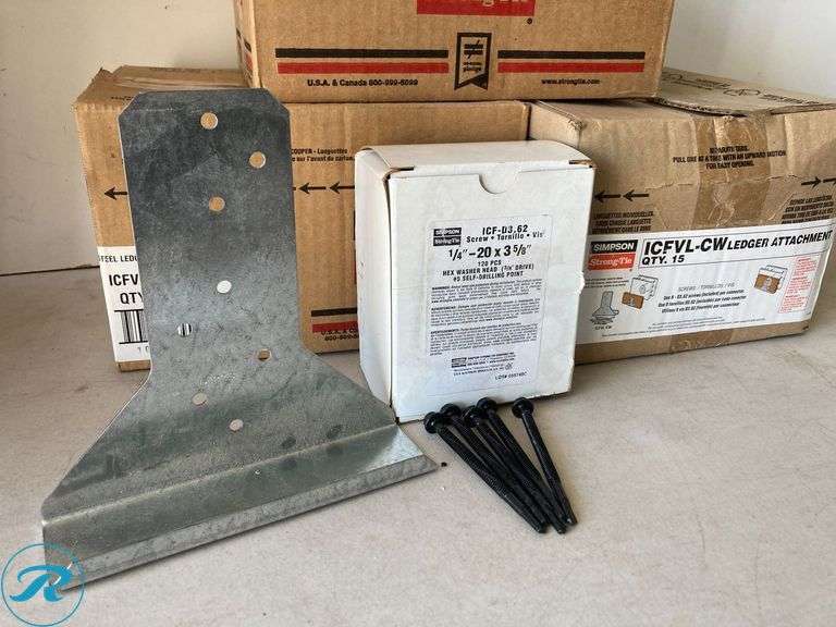 (4) New- (3) Simpson Strong-Tie 7-in 16 -Gauge Galvanized Steel Strap Wood to concrete (retrofit) 10-pack (1) Simpson Strong 1/4" 3/58 20 - pack (total of approx 4 items) - Roller Auctions