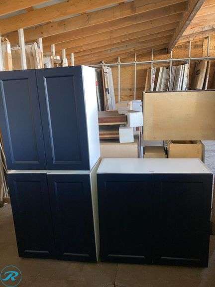 (3) Cabinets (1) Hugo&Borg Lorette 33-in W x 34.5-in H x 14-in D Navy Blue Base Fully assembled Cabinet (Recessed Panel Shaker) (2) Hugo&Borg Lorette 27-in W x 34.5-in H x 14-in D Navy Blue Base Fully assembled Cabinet (Recessed Panel Shaker) - Roller Auctions