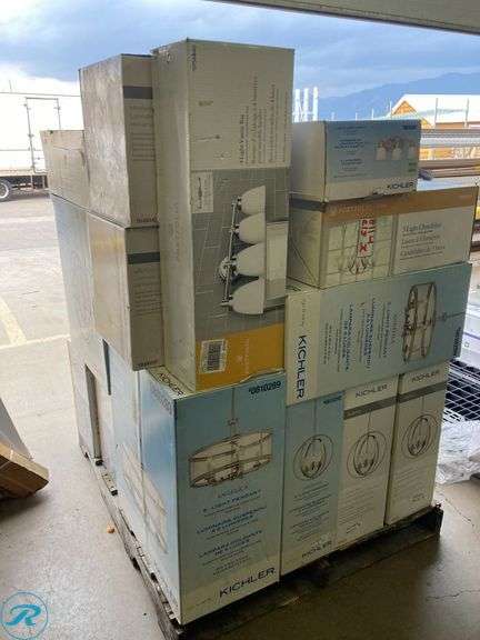 (18) New- Pallet of assorted lights, including chadeleier, pendants and vanity lights (see list in pict ) - Roller Auctions