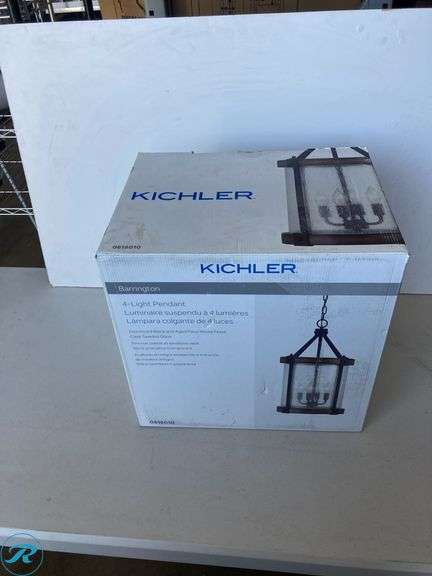 (1) New- Kichler Barrington 4 -Light Distressed Black and Wood Tone Rustic Seeded glass Cylinder Medium Hanging Pendant light - Roller Auctions