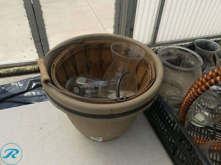 Glassware, Planter, and Wicker Basket - Roller Auctions