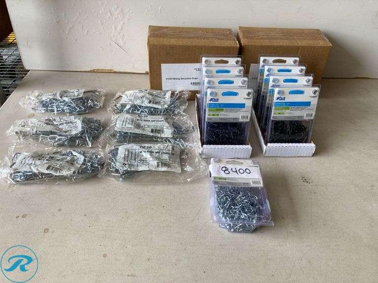 (23) New- (16) RELIABILT 10.0-ft x Weldless Powder Coated Steel Chain (By-the-Roll) (1)RELIABILT 15.0-ft x #14 Weldless Zinc plated Steel Chain (By-the-Roll) (6) Lithonia Lighting 3.0-ft Silver Lighting Chain - Roller Auctions