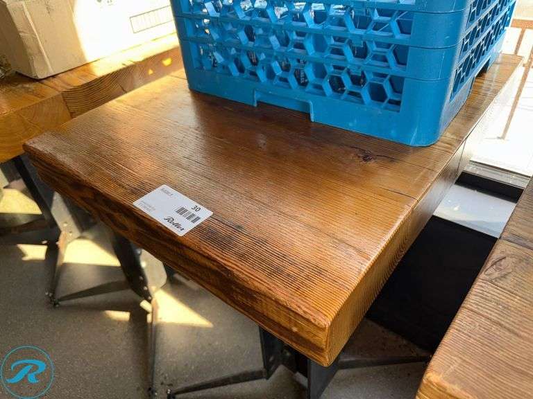 Custom Built Wood Bar Height Table with Metal Base, 30″ x 24″ x 3.5″ Thick - Roller Auctions