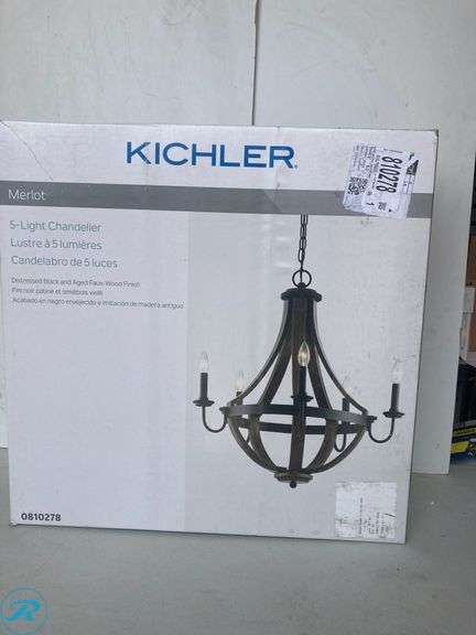(1) New-Kichler Merlot 5 -Light Distressed Black Farmhouse For Use in Bedrooms, Dining Rooms, Foyers, Kitchens, Living Rooms Chandelier - Roller Auctions