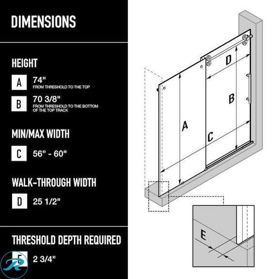 (1) New- VIGO Elan Matte Brushed Gold 56-in to 60-in W x 74-in H Frameless Clear Glass Sliding Shower door (total of 1) - Roller Auctions