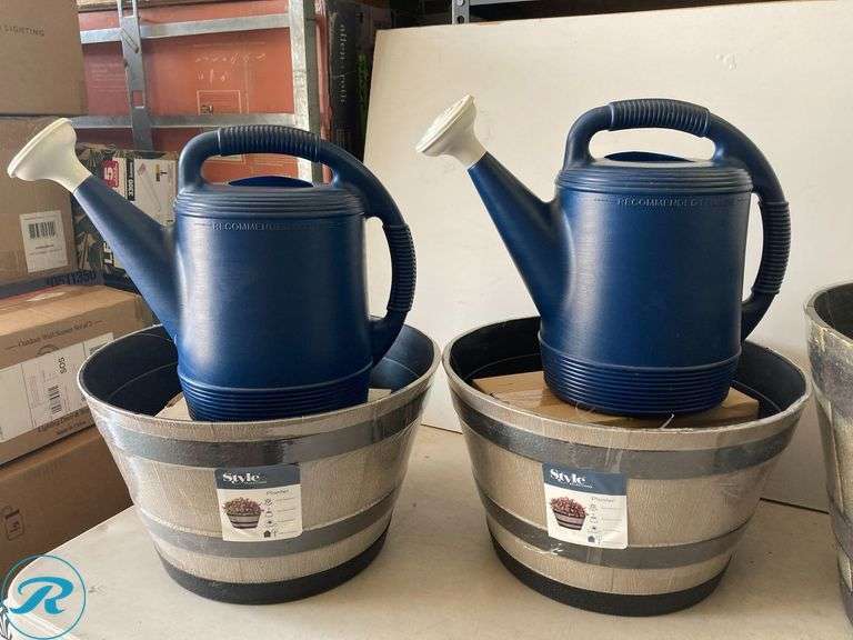 (6) New- Assorted Garden Set (4) Planters Different Sizes (2) 2-gallon blue/mate plastic watering cans (total of 6 items See Photos) - Roller Auctions