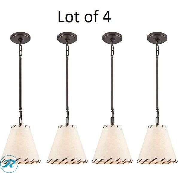 (4) New- allen + roth Sevierville 1 -Light Bronze Rustic Cone Mini Hanging Pendant light - Roller Auctions