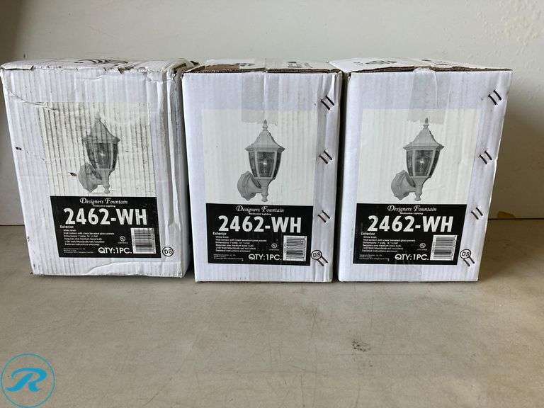 (3) New- Designers Fountain DF Wall lanterns 1 -Light 14.25-in H White Hardwired Outdoor Wall Light - Roller Auctions