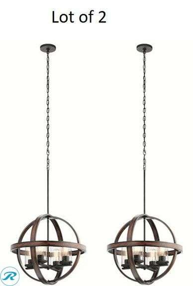 (2) New-Kichler Barrington 4 -Light Distressed Black and Wood Tone Rustic Seeded glass Globe Medium Hanging Pendant light - Roller Auctions