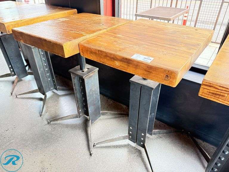 (2) Custom Built Wood Bar Height Tables with Metal Bases, 30″ x 24″ x 3.5″ Thick