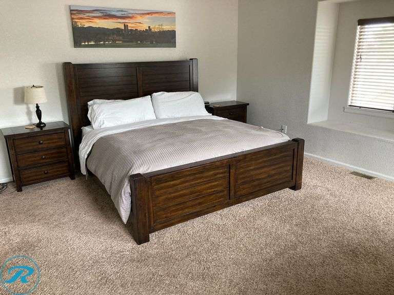 (5) King Bedroom Set:  (1) King size bed frame headboard and footboard (2) Night Stands (1) Dresser vanity with Mirror (1) table lamp) - Roller Auctions