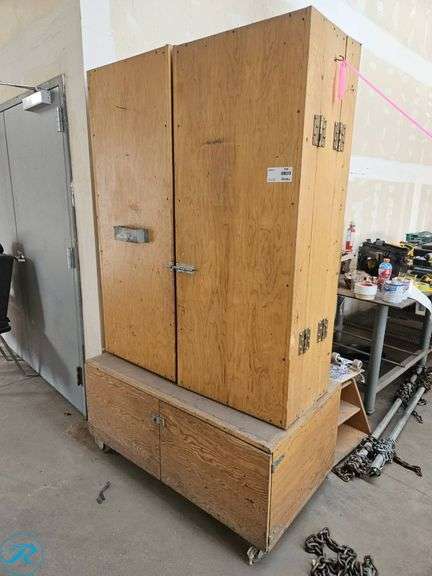 Wooden Rolling Storage Cabinet with Interior Shelving - Roller Auctions