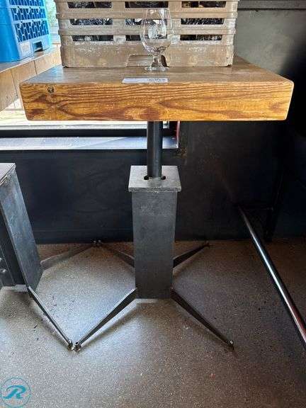 Custom Built Wood Bar Height Table with Metal Base, 30″ x 24″ x 3.5″ Thick - Roller Auctions