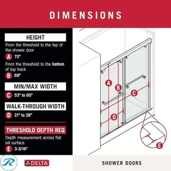 (1) New- Delta Kesara Brushed Nickel 53-in to 60-in W x 72.99-in H Frameless Clear Glass Sliding Soft Close Shower door - Roller Auctions