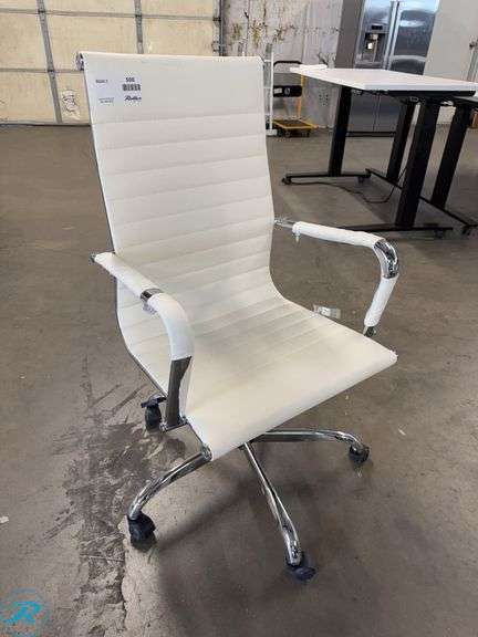 (2) White Faux Leather Office Chairs with Chrome Frames