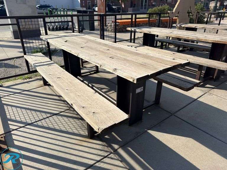 Wood and Metal Outdoor Picnic Table, 28.5” x 95” - Roller Auctions