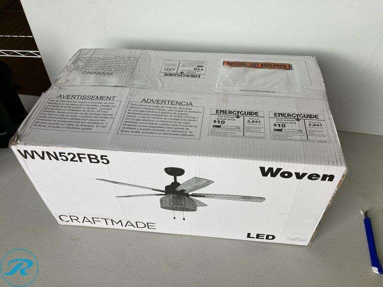 (1) New- Craftmade Woven 52-in Outdoor Flat Black with Flat Black Blades Ceiling Fan With Light ( 5 -Blade ) - Roller Auctions
