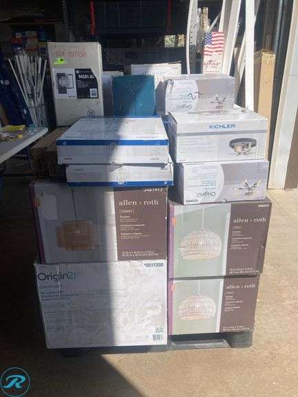 (35) -New - Assorted Pallet of different designer lamps, chandeliers and flush mount (Retail of $3957) See Photos for item list) - Roller Auctions