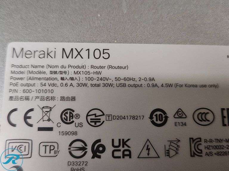 Cisco Meraki MX105-HW Router with Multiple Ethernet Ports - Roller Auctions