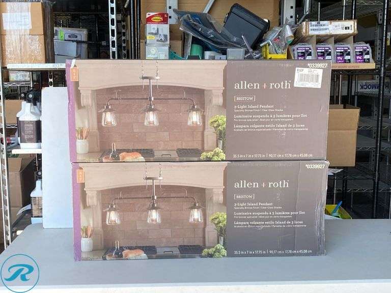(2) New- allen + roth Bristow 3 -Light Specialty bronze Traditional Clear glass Bowl Mini Hanging Pendant light - Roller Auctions