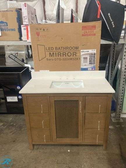 (3) New- out of box- (1) Altair Hadiya 42-in Brown Pine Undermount Single Sink Bathroom Vanity with Aosta White Engineered Marble Top (1) Bestview 43-in x 22-in Carrara White Quartz Undermount Single Sink Widespread Faucet Mount Bathroom Vanity Top (1) WELLFOR EX 24-in x 32-in Polished Frameless Rectangle Dimmable Lighted Fog Free Bathroom Vanity Mirror ( Silver ) (3 items total) See photos - Roller Auctions