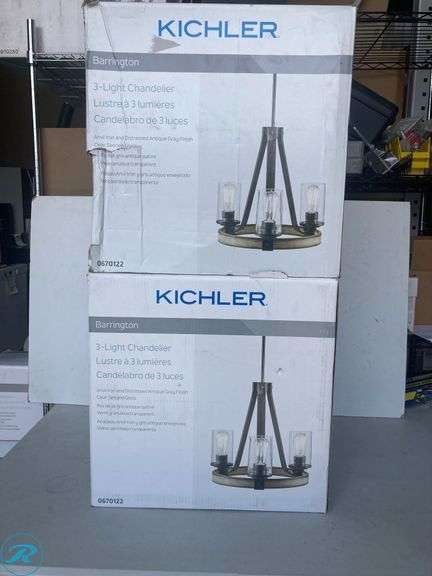 (2) New- Kichler Barrington 3 -Light Distressed Gray Rustic For Use in Bedrooms, Dining Rooms, Foyers, Kitchens, Living Rooms Chandelier - Roller Auctions