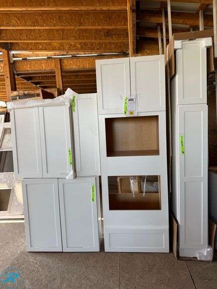 (4) Kitchen White Cabinet Set (1) utility 12" x 49" 24" (1) Appliance 30" x 88" x 24" (1) wall 2 door 36" x 36" x 12 (1) 2-door 30" x 36" x 12"