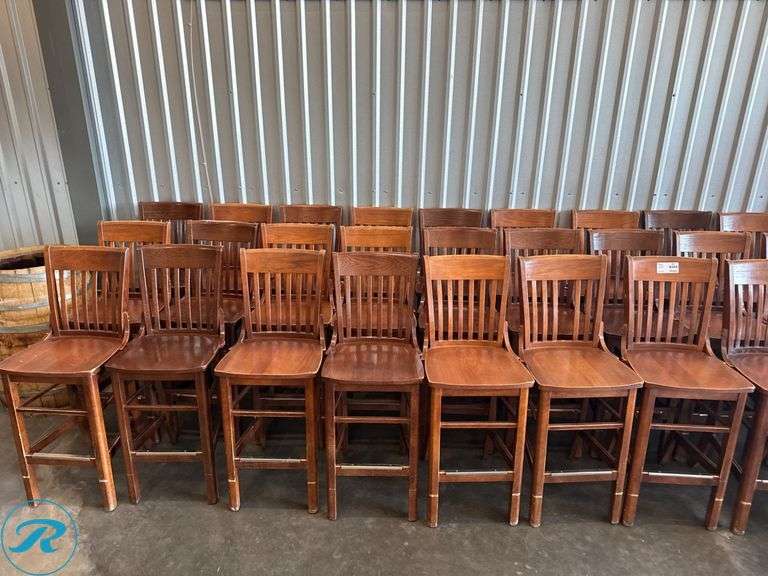 (21) Wood Bar Stools with Slatted Backrests and Brass Footguard - Roller Auctions