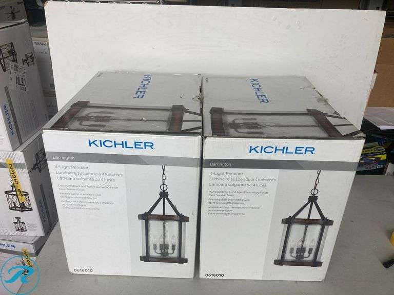 (2) New- Kichler Barrington 4 -Light Distressed Black and Wood Tone Rustic Seeded glass Cylinder Medium Hanging Pendant light - Roller Auctions