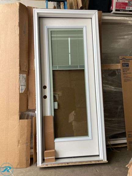 (1)Pella 32-in x 80-in x 4-9/16-in Fiberglass Full lite Right-hand inswing Primed Prehung Front Door with Brickmould Insulating core with Blinds - Roller Auctions
